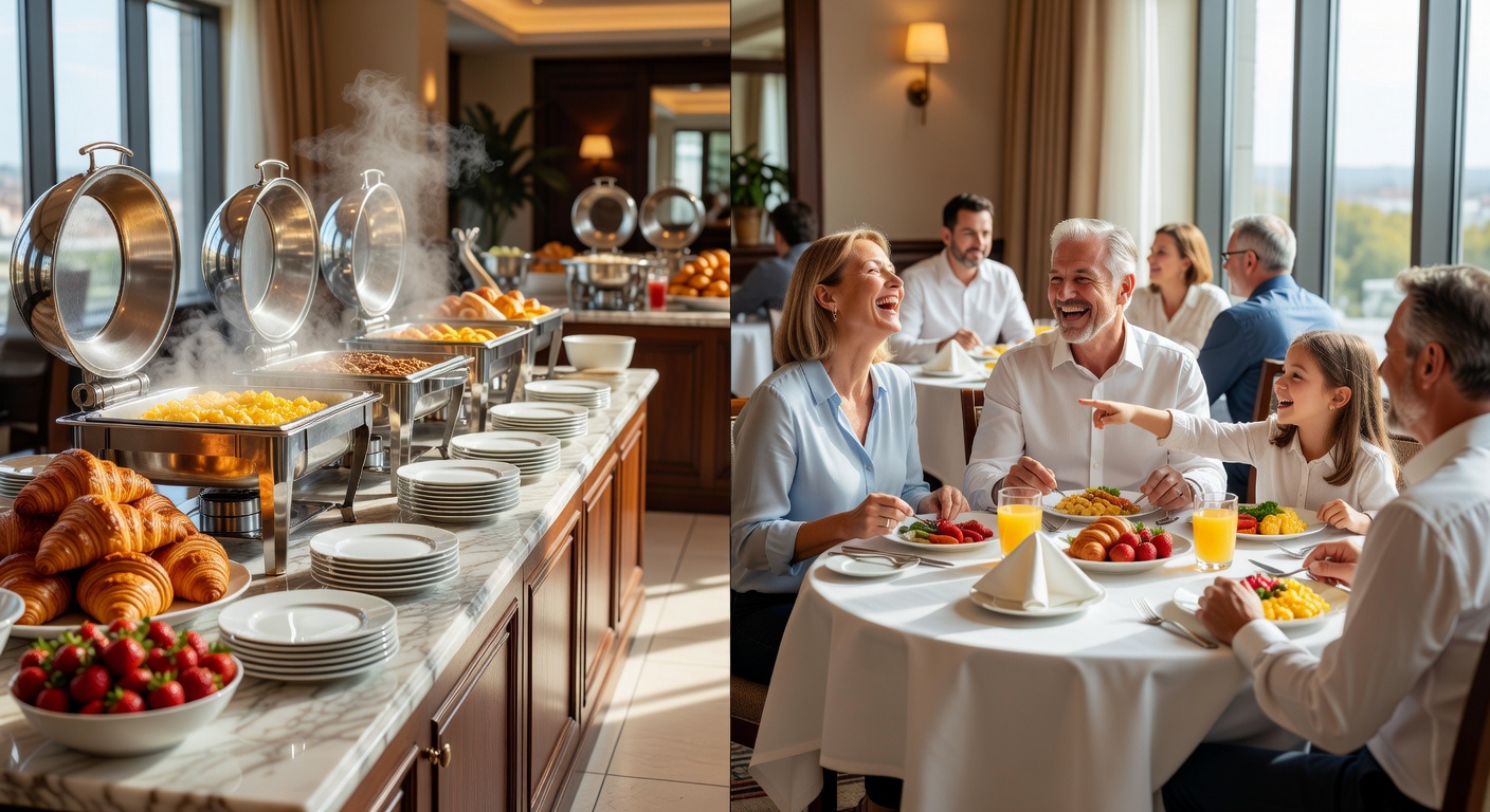 Hotel dining area with fresh breakfast buffet
